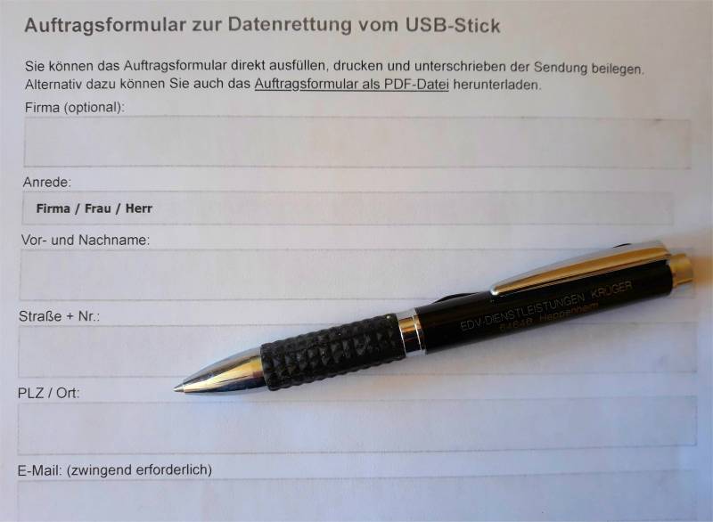 Auftragsformular - Datenrettung vom USB-Stick