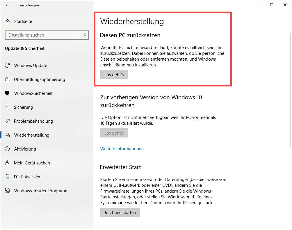 Werkseinstellungen wiederherstellen Werkseinstellungen wiederherstellen