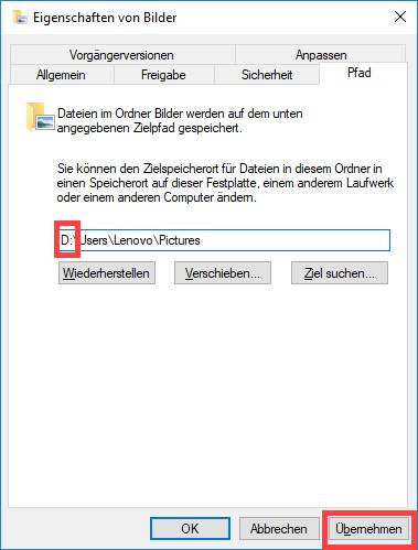 Eigene Dateien unter WIN10 nach Laufwerk D: verschieben Eigene Dateien verschieben